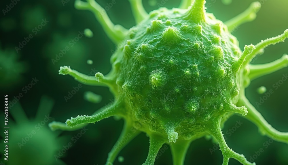 Poster macro close up of vibrant green spiky cell under microscope. biological structure, virus. abstract s