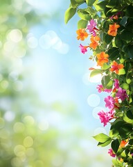 Obraz premium Vibrant flowers and lush green leaves to the right, merging into a dreamy, sunlit summer sky with bokeh.