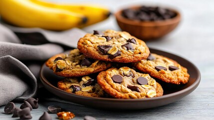   A plate of chocolate chip cookies on a table with a banana and a bowl of chocolate chips nearby