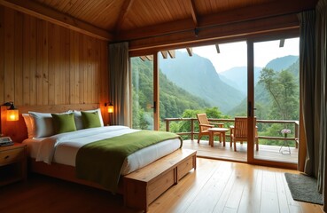 Interior of eco-lodge hotel with forest view. Relaxing ambiance surrounded by nature. Wooden cabin offers sustainable luxury and tranquility. Perfect accommodation for ecotourism in mountains.
