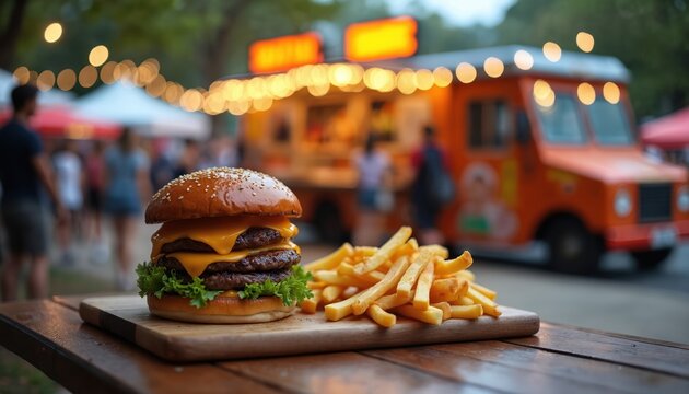 Double cheeseburger and french fries on wooden board at city food festival. Orange food truck, crowd of people, holiday string lights on blurred background. - Powered by Adobe