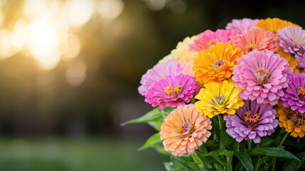 Colorful Zinnia Bouquet in Sunlight, Outdoors. Possible use Greeting card, social media