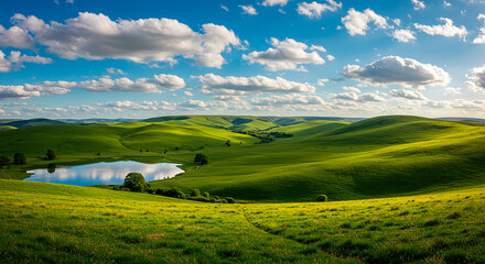 Fototapeta premium AI genrated landscape with green field and blue sky sunny day