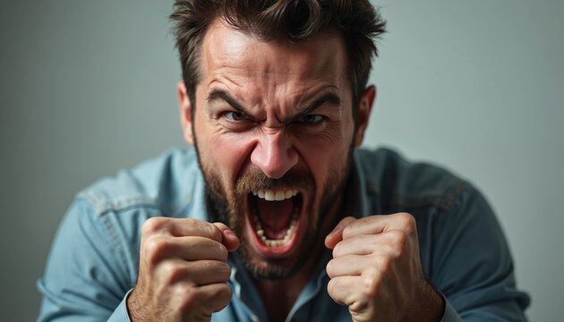 Close-up portrait of man screaming in fury. Face contorted by rage. Clenched fists. Intense emotional stress, frustration, mental health issues, anger management problem.