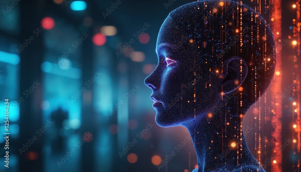 Poster cybernetic face silhouette with flowing data and light symbolizes tech edge. ai, virtual face of fut