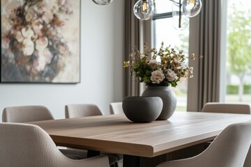 dining area featuring a wooden dining table with textured upholstered chairs, positioned beneath a series of vintage-style ribbed glass pendant lights