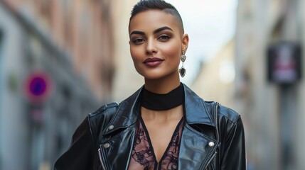 A woman stands confidently on a bustling city street, showcasing her modern style with a leather jacket and bold accessories during a vibrant afternoon