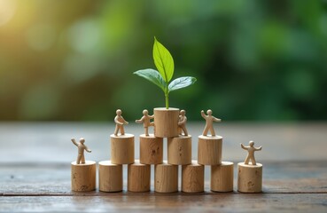 Green sprout grows from wooden cylinders pyramid, symbolizing team building, collective growth, teamwork. People figures help plant grow, represent sustainable development and success.