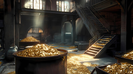 Abandoned gold-leaf factory interior, urban exploration photography. Golden Age Ruins. Illustration