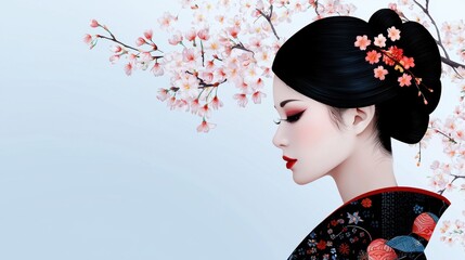 A graceful woman dressed in a colorful kimono stands amidst blooming cherry blossoms. Her profile is serene as she enjoys the beauty of spring, surrounded by delicate pink flowers