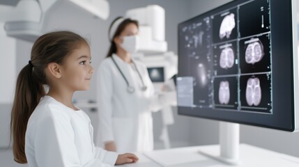 Child Patient and Doctor Reviewing Medical Scan: A young girl sits attentively, looking at a large computer screen displaying medical scans, while a doctor stands in the background.