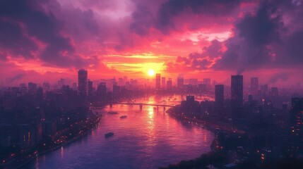 Naklejka premium A vibrant sunset over a city skyline reflecting on a river, creating a serene atmosphere.