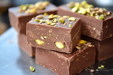 A close-up of chocolate bars topped with chopped pistachios on a silver surface.