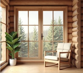 Cozy log cabin interior. Chair near window with forest view. Wooden wall, floor. Rustic style house with plant in pot. Country home for comfortable living.