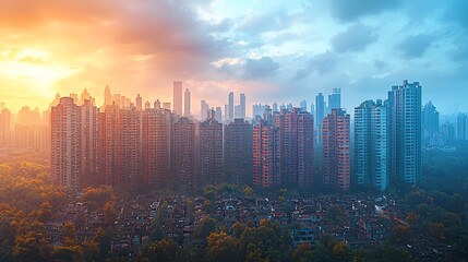 Fototapeta premium Skyscrapers of core nations towering above contrasted rural villages in the periphery nations a split screen effect showcasing economic disparity one side vibrant and the other struggling