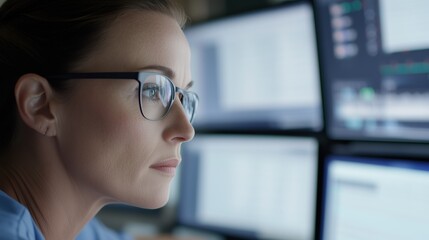 Focused Analyst: A determined female analyst intently studies data displayed across multiple monitors, her expression conveying concentration and dedication to her task.  