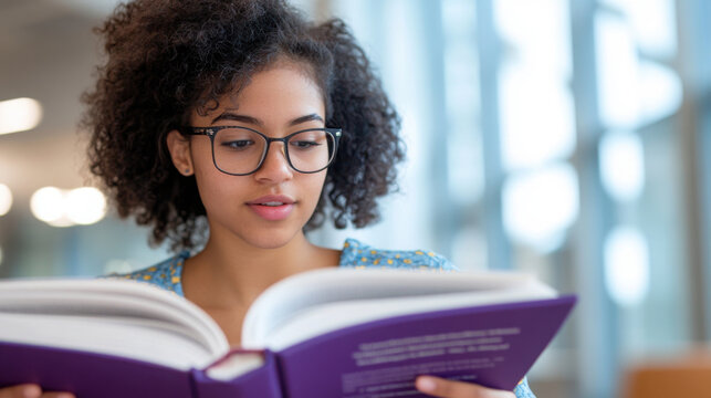 Curious reader exploring knowledge in a book at the library