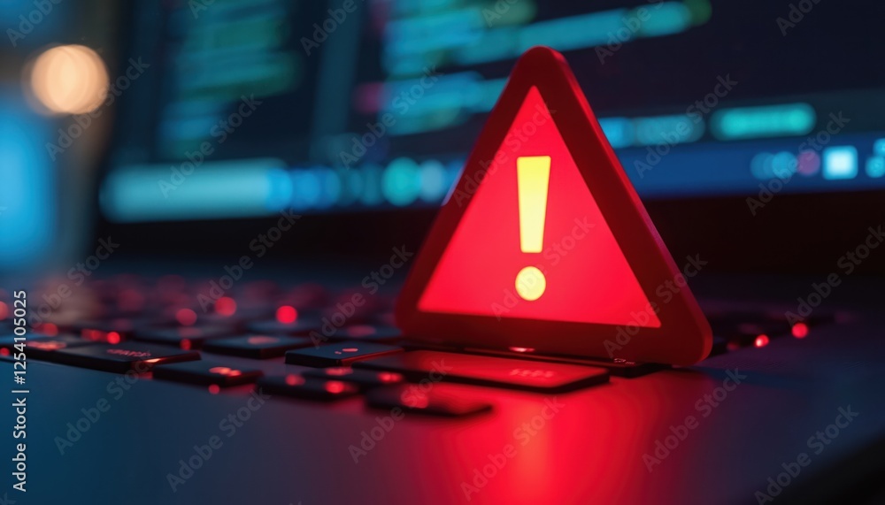 Poster red alert triangle with exclamation mark over laptop keyboard symbolizes cybersecurity threat. close