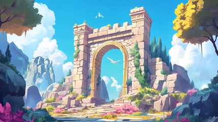 Ancient golden gate, desert setting, mythical creatures. game background. Golden Age Ruins. Illustration