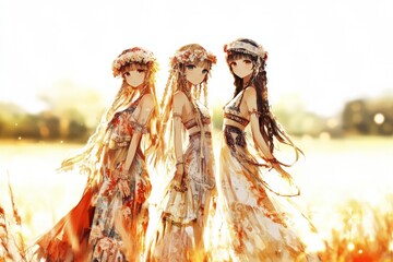 Fototapeta premium Three ethereal women in flowing dresses standing in a sunlit field
