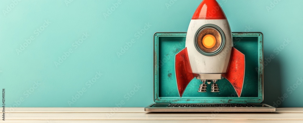 Poster a rocket taking off from a laptop screen on a blue background with text space, embodying a startup c