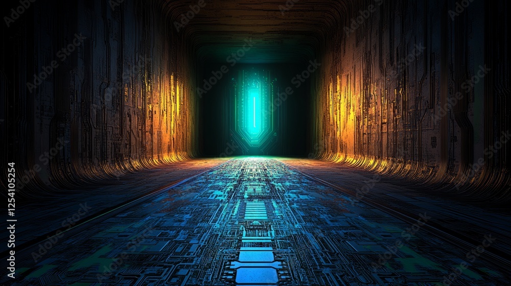 Poster technical grid illustrating a computing concept with blue and green geometric lines, evoking a futur