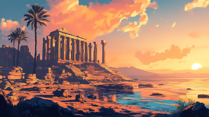Ancient ruins seascape coastal temple at sunset. Golden Age Ruins. Illustration