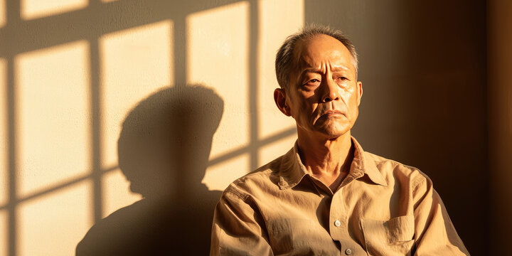 An ascetic lifestyle. A man sits in front of a window by a empty wall in the shadows of the sun.