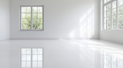 Obraz premium Empty white room with large window, bright sunlight, interior design concept
