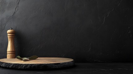 Wooden board, pepper mill, dark background. Food blog, recipe backdrop