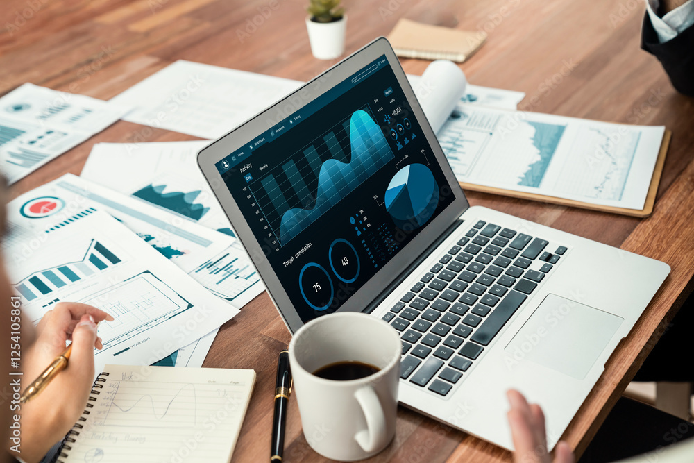 Poster financial data analysis dashboard by fintech bi or business intelligence display on laptop screen to