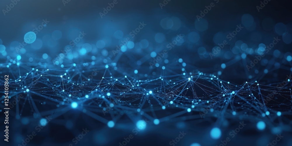 Aufkleber Illustration of internet, communication tech design concept. Abstract background with glowing blue dots connected by lines network. Geometric shapes create virtual cyberspace, innovative intelligence.