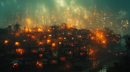 Fototapeta premium Skyscrapers of core nations towering above contrasted rural villages in the periphery nations a split screen effect showcasing economic disparity one side vibrant and the other struggling