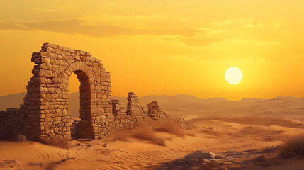 Ancient stone structure in a desert at sunrise. Golden Age Ruins. Illustration