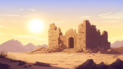 Ancient stone structure in a desert at sunrise. Golden Age Ruins. Illustration