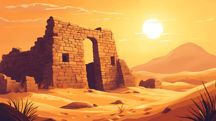 Ancient stone structure in a desert at sunrise. Golden Age Ruins. Illustration