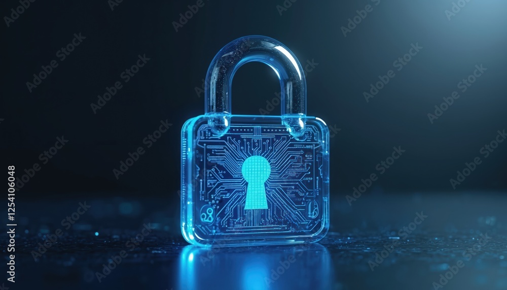 Poster conceptual glowing transparent blue padlock with keyhole on dark background. digital security, priva