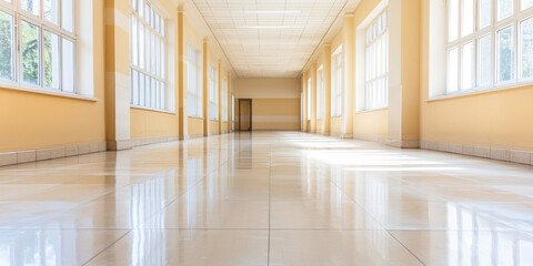 An empty hallway of educational institution with colored painted walls. School or kindergarten,...