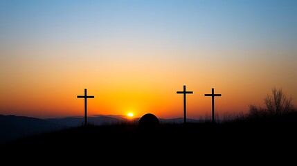 Obraz premium Empty tomb with three crosses at dawn against morning sky