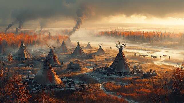Somber depiction of Native American village ravaged by disease with smallpox scars visible on survivors muted colors and hazy fog adding to the tragic atmosphere
