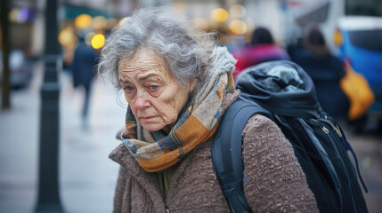 Elderly homeless woman, wearing dirty and old clothes, walking on the sidewalk of a street during the day in a city, she has a tired expression. The problem of poor and impoverished old people.