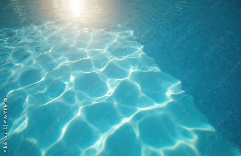 Poster crystal clear turquoise water background in swimming pool with sun reflection lights. ripple abstrac
