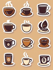 Obraz premium style stickers featuring coffee cups and coffee beans ideal for decoration or branding projects. Generative AI