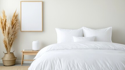 Minimalist Bedroom with Blank Canvas, Calm Atmosphere. Ideal for Home Decor