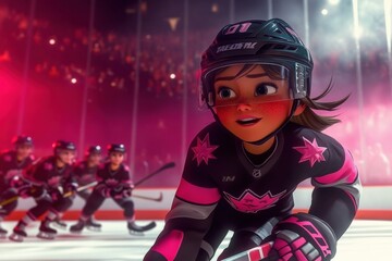 Animated girl hockey player skating on the ice with teammates in a vibrant arena