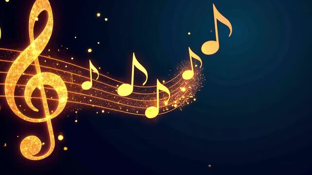 Close-up of a treble clef and golden-colored musical notes with sparkles on a dark background hang on a golden grid with lights, moving up and down, smoothly approaching surrounded by lights and bokeh