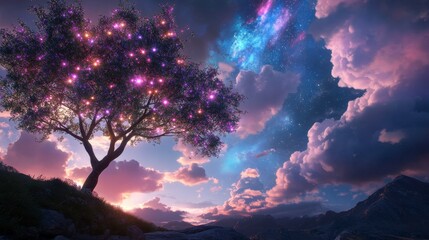 Naklejka premium Neon Tree Reaching for Luminous Clouds, vibrant branches illuminated against a surreal sky, a fusion of nature and glowing colors