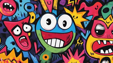 Funny colorful cartoon monsters smiling and shouting in a graffiti style