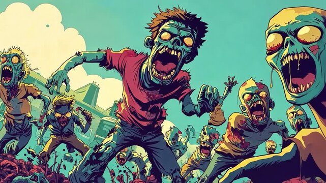 Vibrant cartoon zombie horde hilariously chases comical characters in a lively, exaggerated medium shot. Fun and engaging!