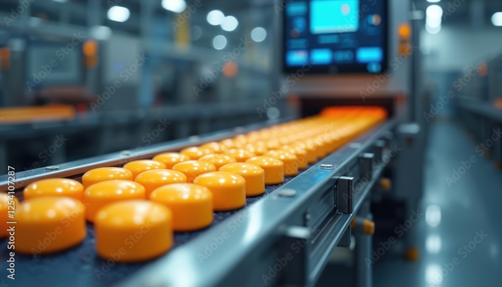 Fototapete Automated AI driven quality control system inspecting products on assembly line. Identifying defects, errors in real time with robotic visual innovation, improving industry workflow efficiency.
